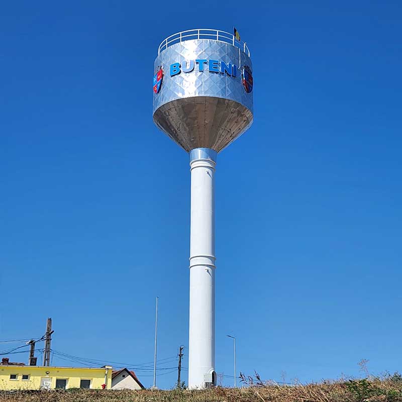 Castel de apa 300mc, Buteni - faza PTh+DE. Turnul metalic este ancorat de fundația din beton armat prin intermediul unei carcase de buloane de ancora.